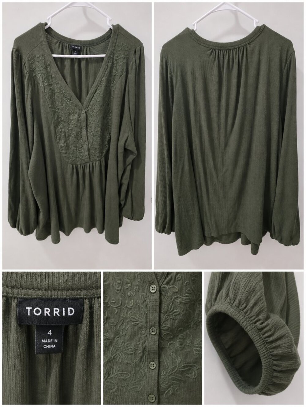 Torrid Crinkle Gauze Embroidered Top Olive Green Size 4